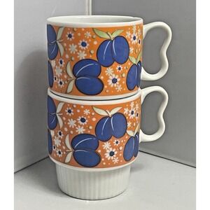 2 VTG Nevco 60s  Coffee Mug Tea Cup Stacking Ceramic Fruit Floral Orange Japan